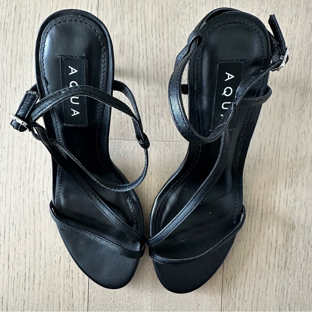 Aqua Black Round Toe Strappy Buckle Dress Slingback Stiletto Heels Sandals - Picture 3 of 10